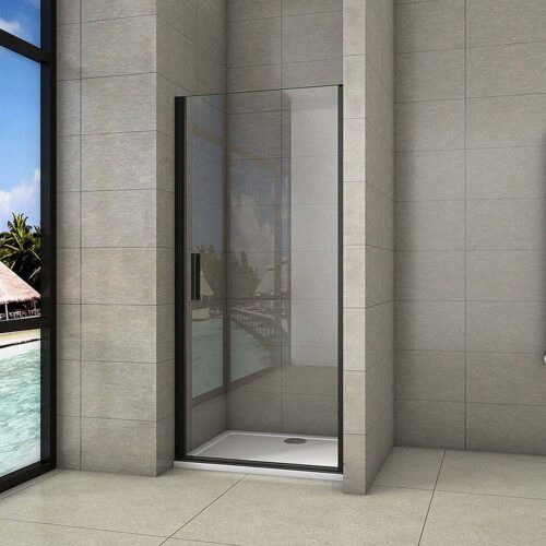 Cabină de duș 100x200cm ușă batantă 8mm NANO GLASS neagră cu cadiță de duș