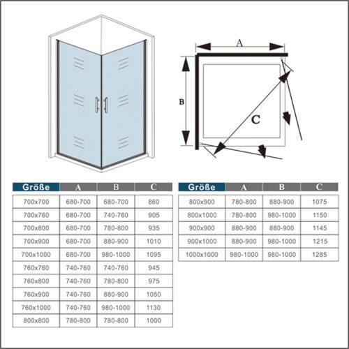 Cabină de duș 80x80x195cm cu ușă batantă 180°, cadiță de duș, intrare pe colț