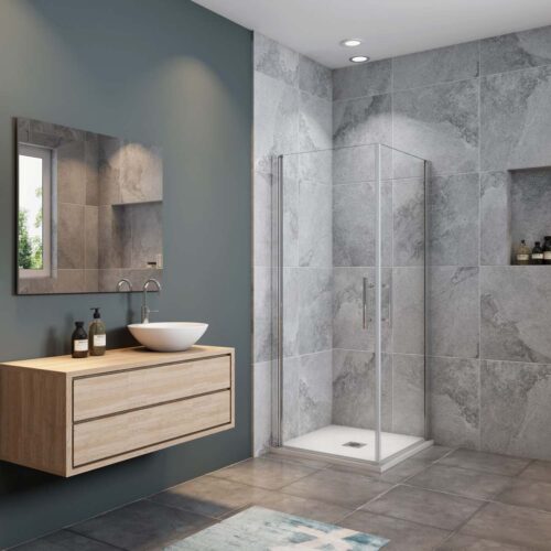 Cabină de duș 90x90x195cm, ușă batantă 180°, intrare pe colț + cadiță de duș