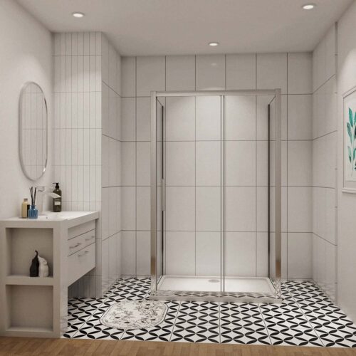 Cabină de duș U 120cm x 190cm cu ușă glisantă, 2 pereți laterali 90cm, sticlă NANO 8mm, inclusă căzi de duș