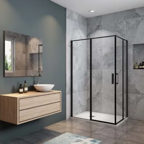 Cabină de duș neagră 80x80x185cm, ușă rotativă, paravan din sticlă nano 6mm + cadiță cu racord de scurgere