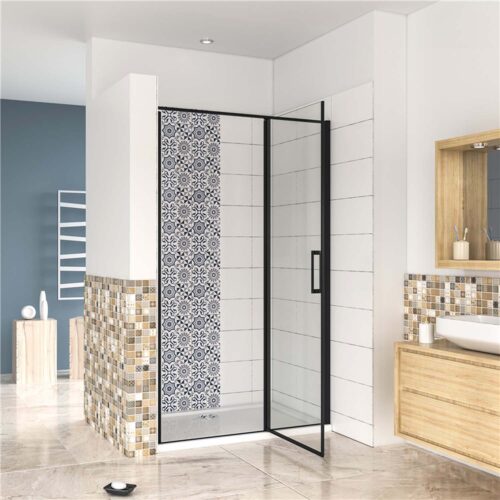Cabină de duș neagră cu ușă rotativă, dimensiuni 80x185 cm, paravan din sticlă nano 6 mm