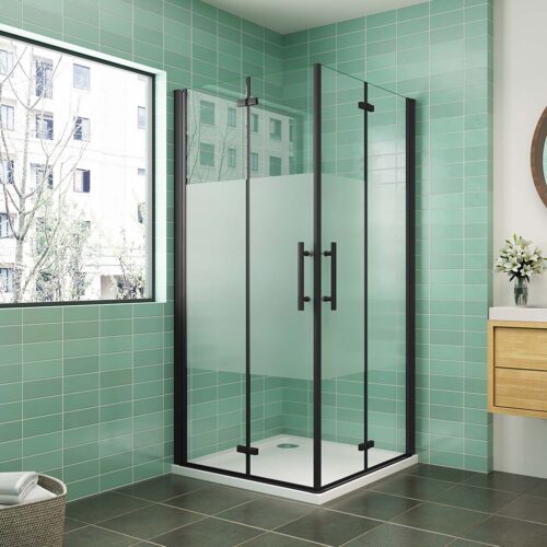 Cabină de duș pătrată 100x100xH.195cm, ușă pliabilă din sticlă ESG, sticlă NANO 6mm cu folie de protecție