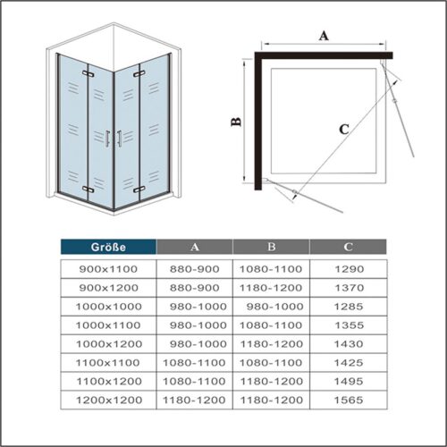Cabină de duș pătrată 100x100xH.195cm, ușă pliabilă din sticlă ESG, sticlă NANO 6mm cu folie de protecție