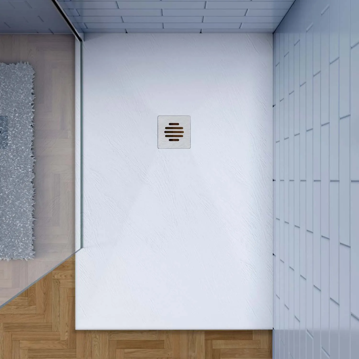 Cadiță de duș dreptunghiulară 80x100x3cm albă cu efect de ardezie și racord de scurgere