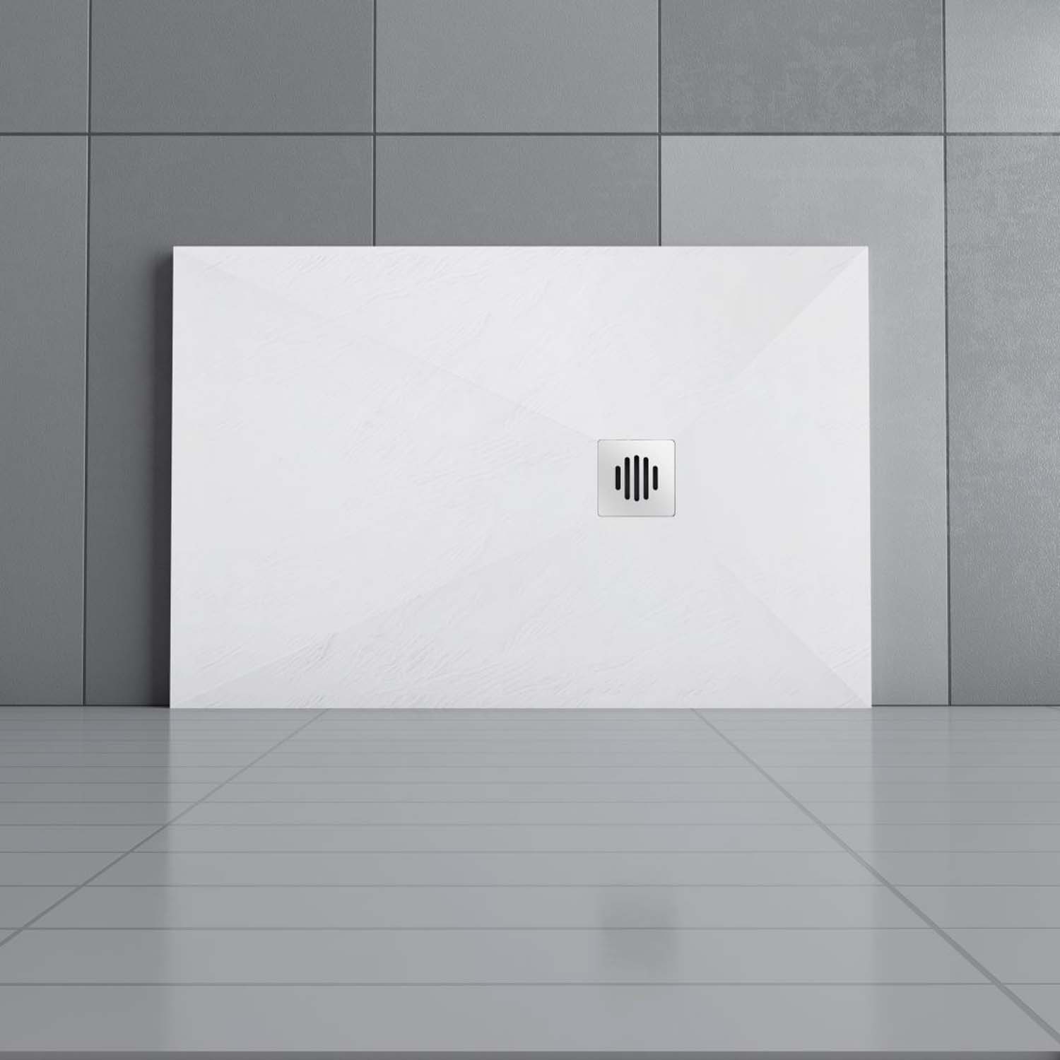 Cadiță de duș dreptunghiulară 80x120x3cm albă cu efect de ardezie, cu garnitură pentru cabină de duș și șifon de duș