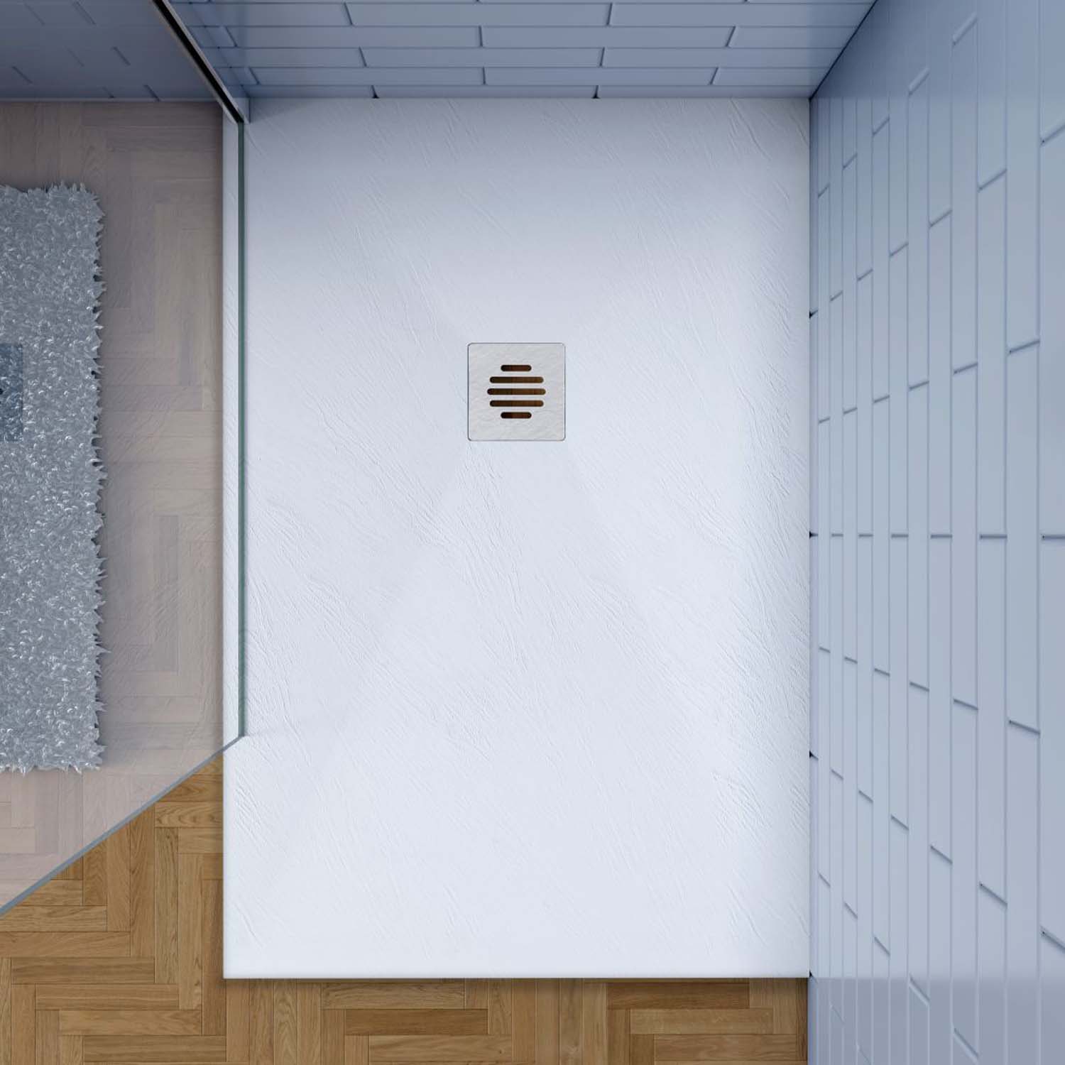 Cadiță de duș dreptunghiulară 90x100x3 cm, albă cu efect de ardezie, racord de scurgere