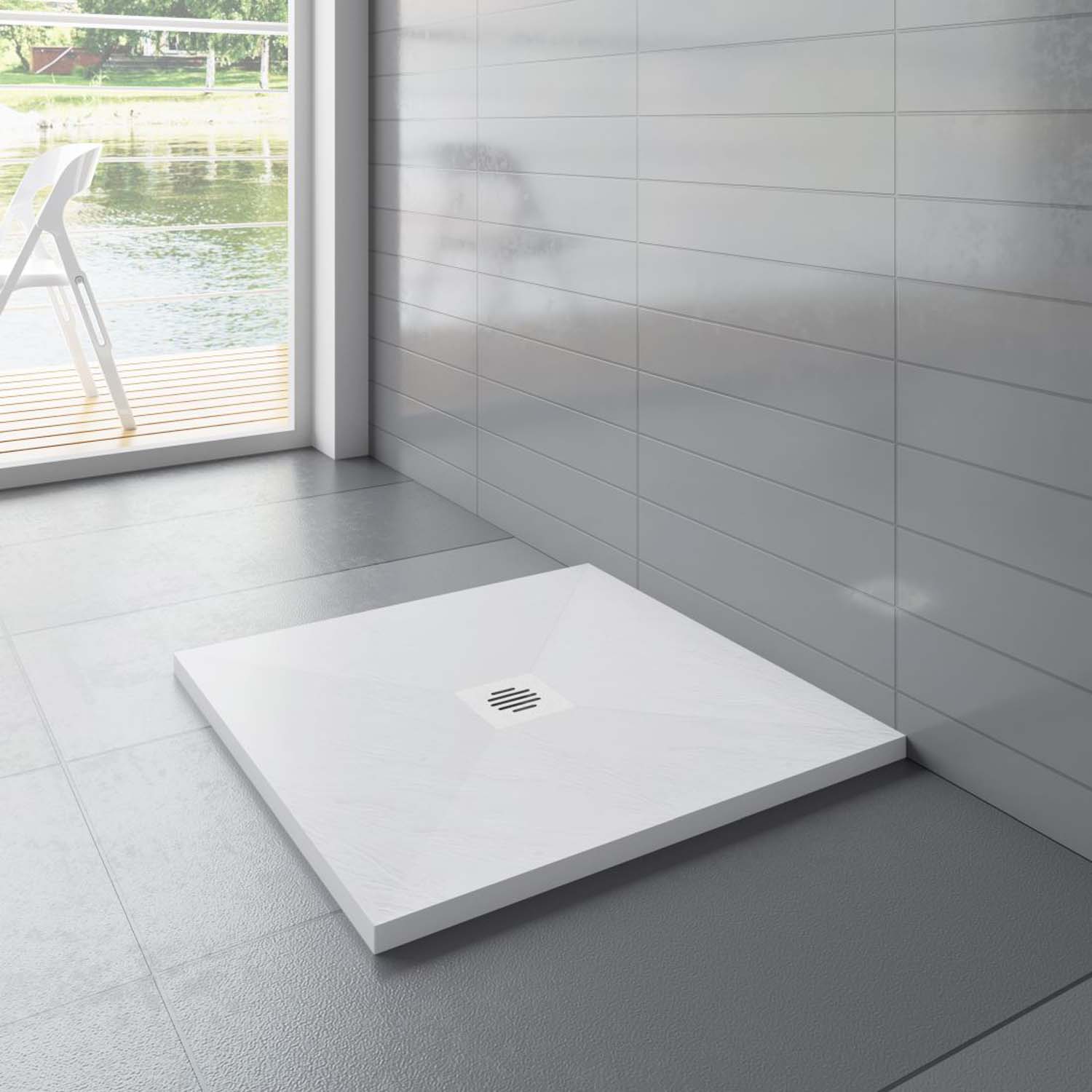 Cadiță de duș pătrată 80x80x3cm albă cu efect de ardezie, cu racord de scurgere