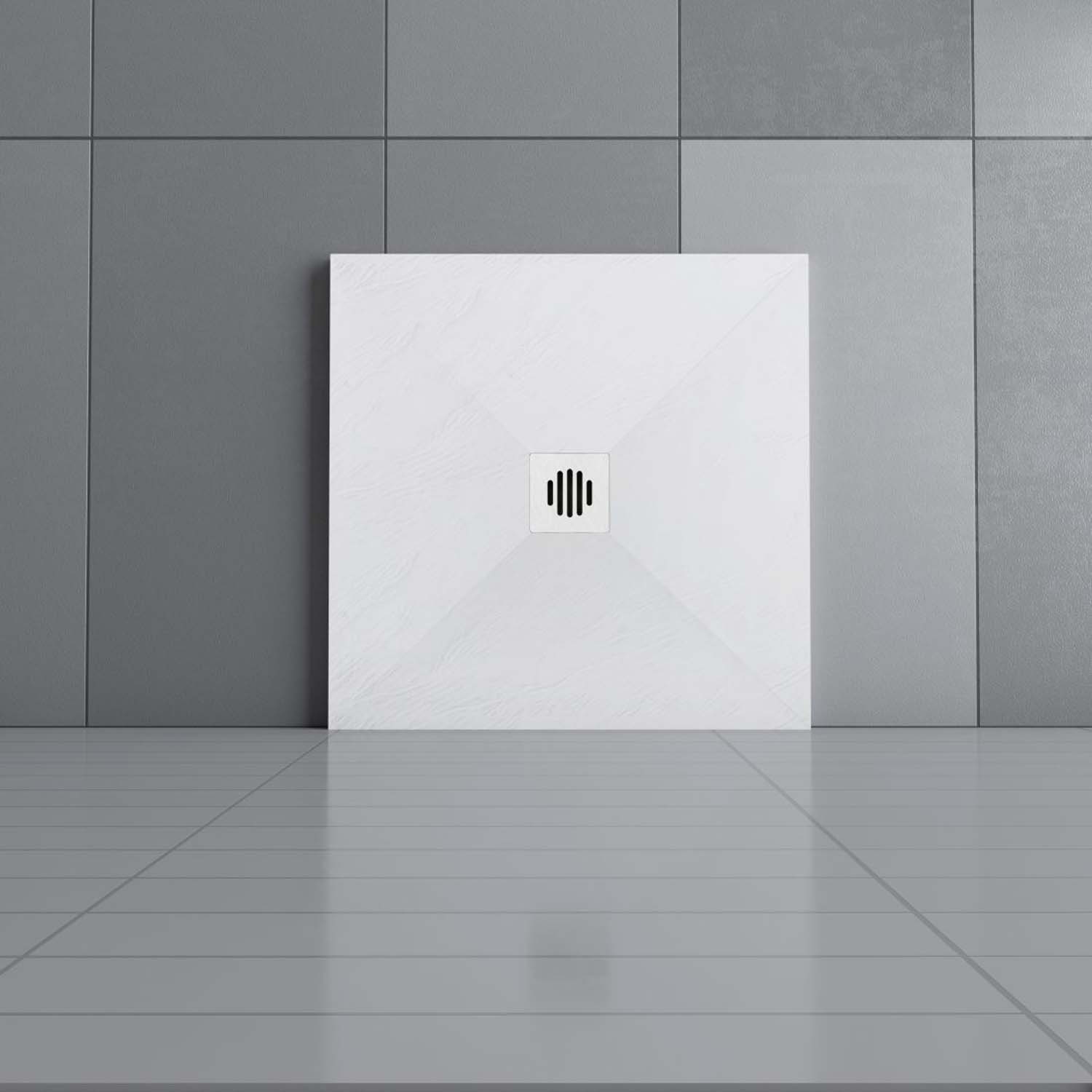 Cadiță de duș pătrată 80x80x3cm albă cu efect de ardezie, cu racord de scurgere