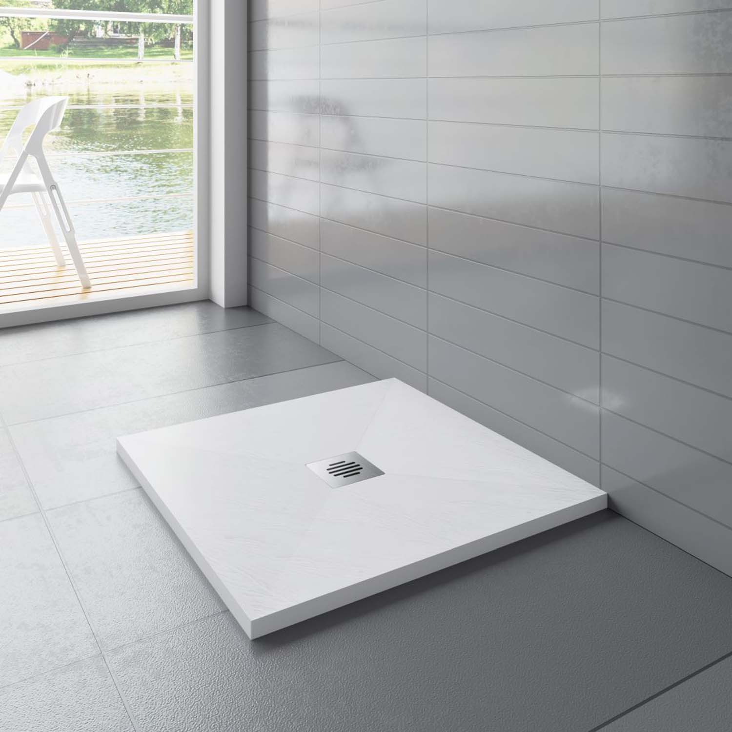 Cadiță de duș pătrată 80x80x3cm albă cu efect de ardezie, racord de scurgere