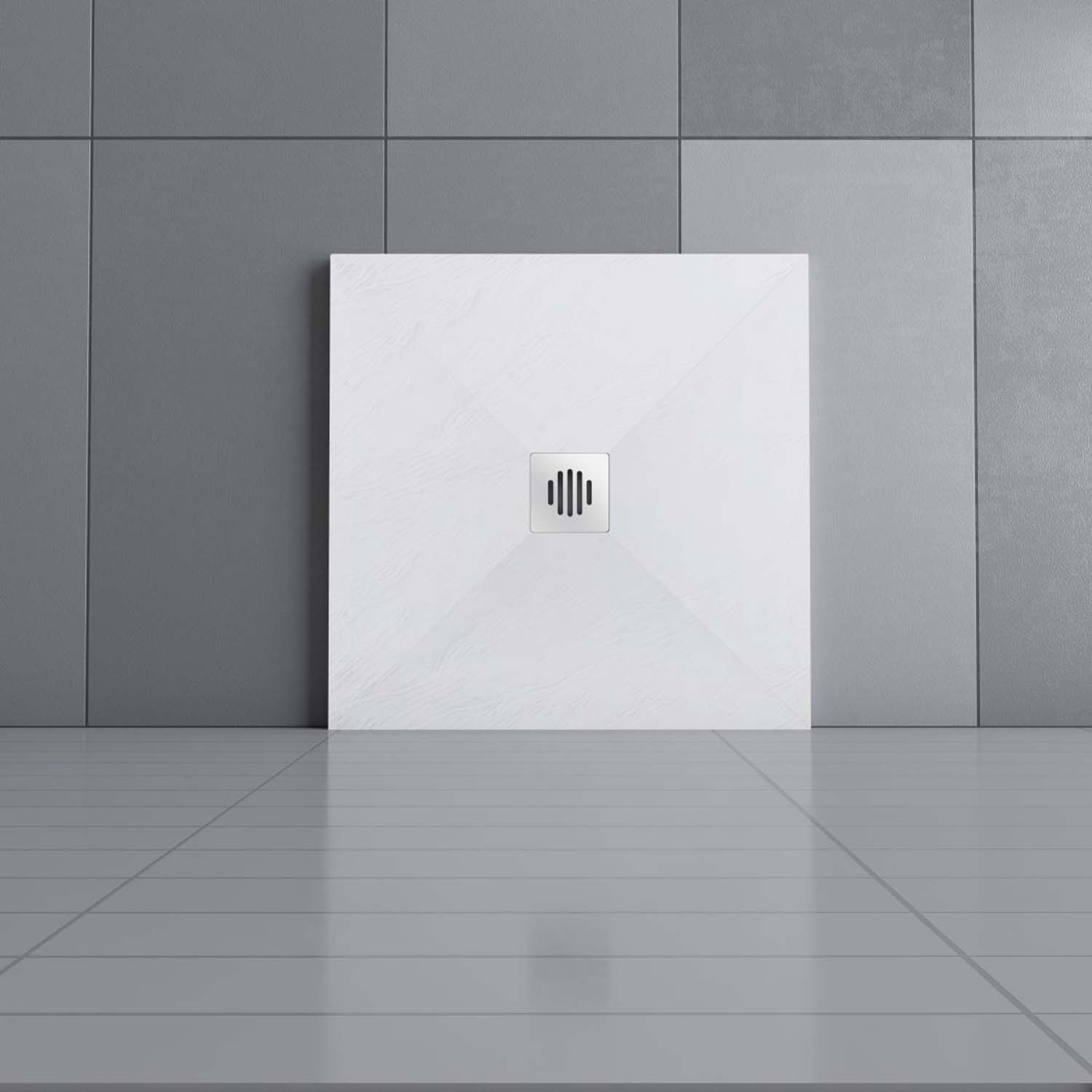 Cadiță de duș pătrată 80x80x3cm albă cu efect de ardezie, racord de scurgere