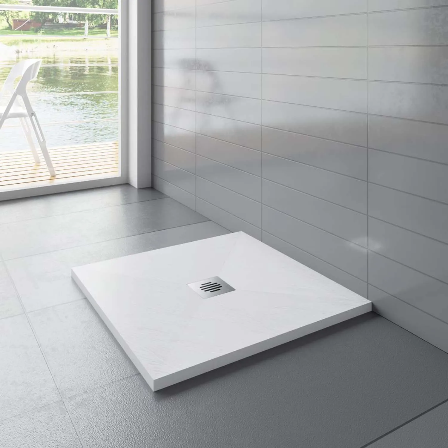 Cadiță de duș pătrată 90x90x3cm albă cu efect de ardezie