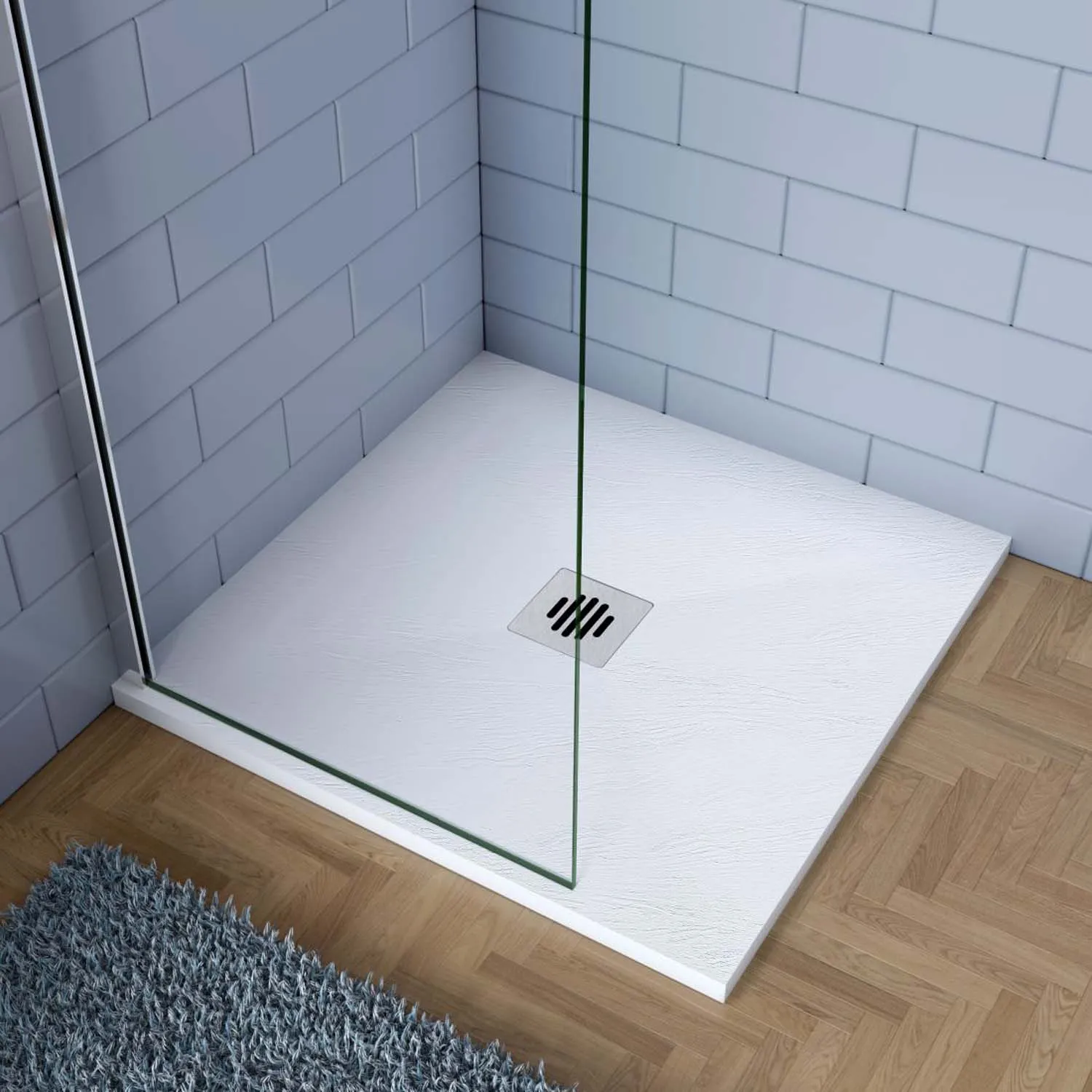 Cadiță de duș pătrată 90x90x3cm albă cu efect de ardezie