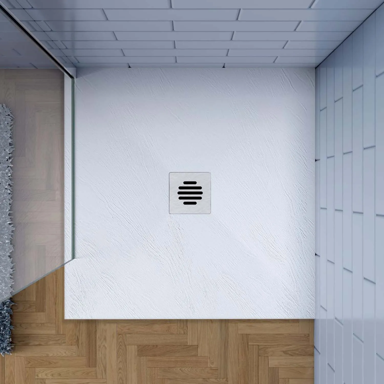 Cadiță de duș pătrată 90x90x3cm albă cu efect de ardezie
