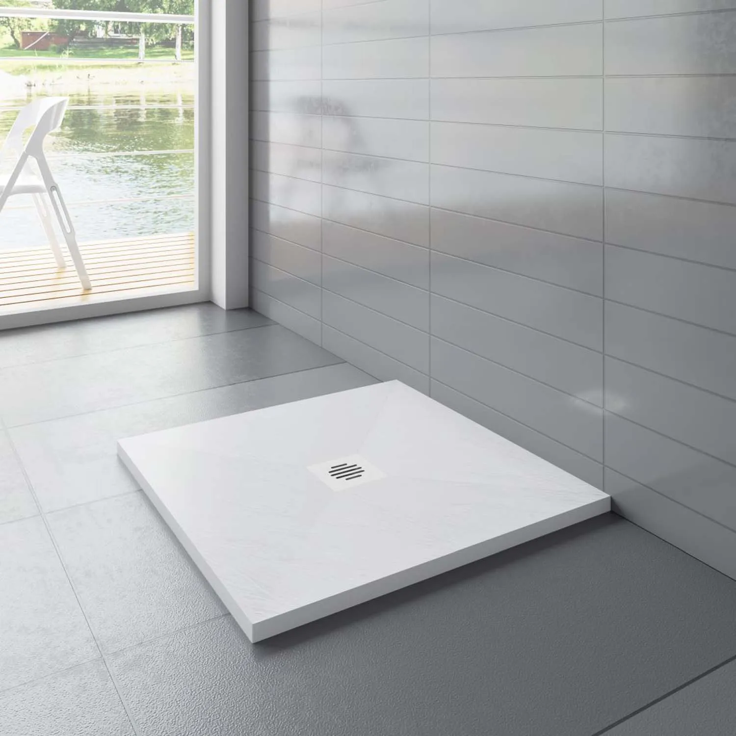 Cadiță de duș pătrată 90x90x3cm albă cu efect de ardezie și racord de scurgere