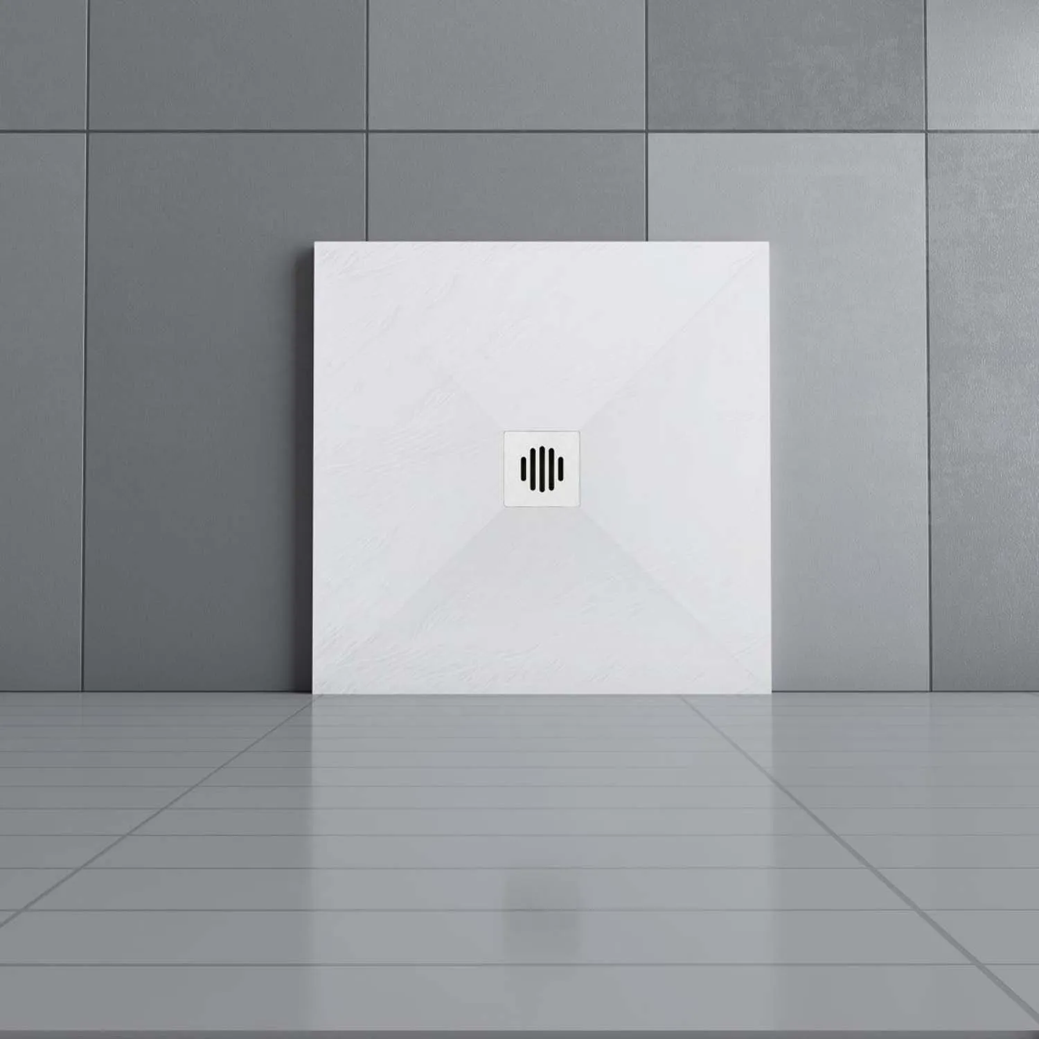 Cadiță de duș pătrată 90x90x3cm albă cu efect de ardezie și racord de scurgere