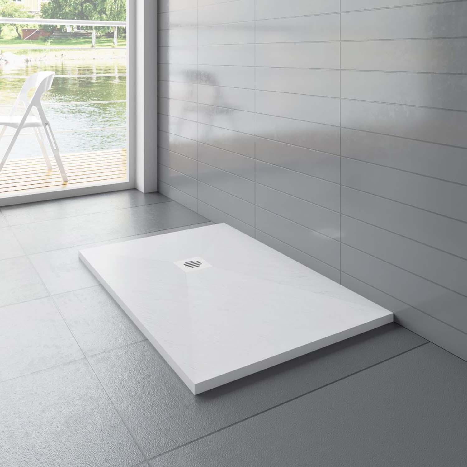 Cadiță duș dreptunghiulară 80x120x3cm, albă cu efect de ardezie, cu garnitură pentru cabină de duș