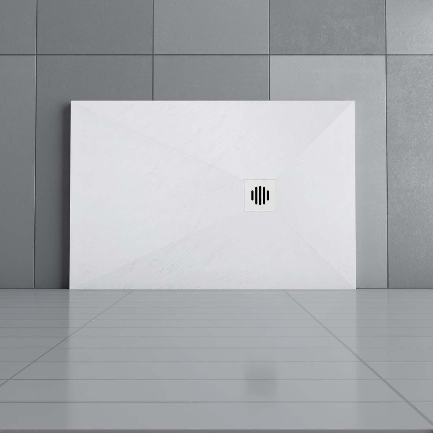 Cadiță duș dreptunghiulară 80x120x3cm, albă cu efect de ardezie, cu garnitură pentru cabină de duș