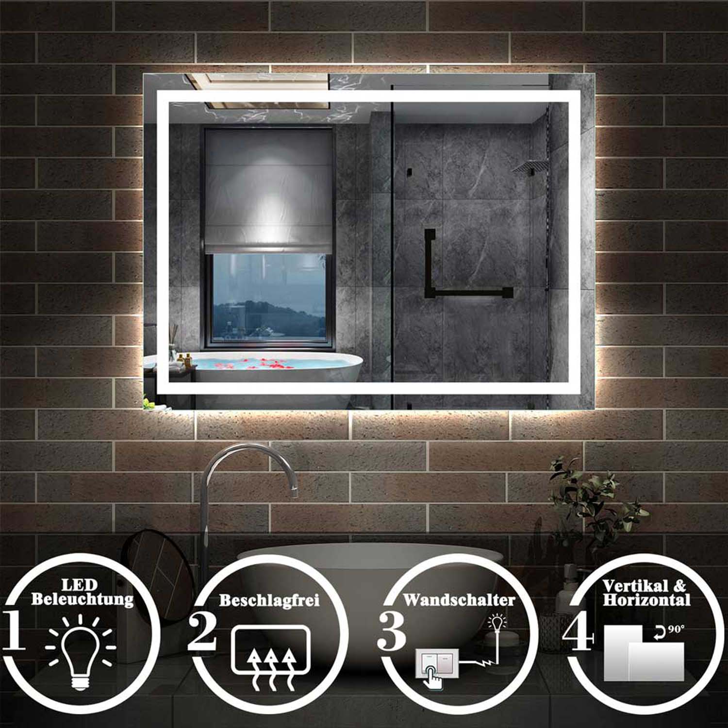 Comutator de perete cu oglindă LED 80x60 cm, anti-aburire, alb rece, Tip F