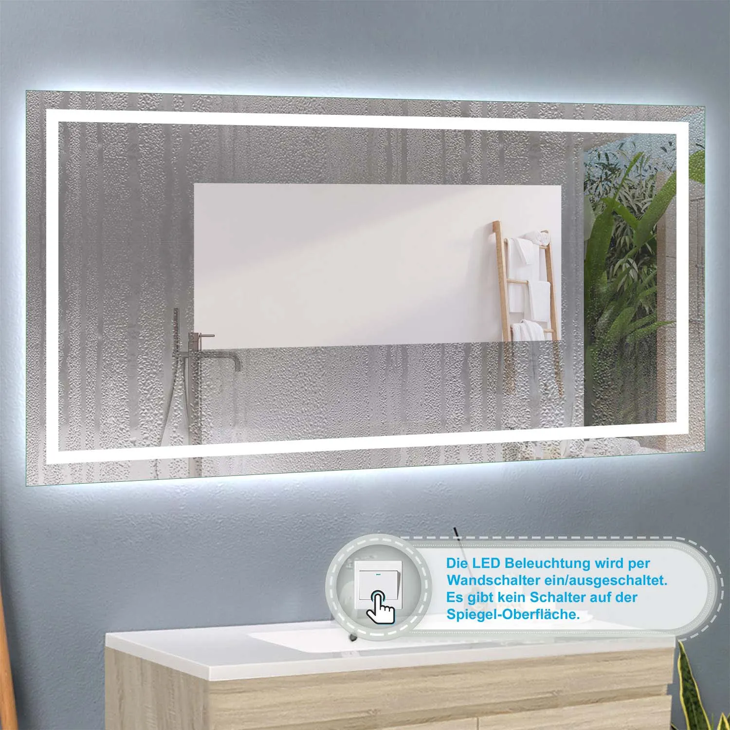 Oglindă LED 120x70cm cu comutator de perete, iluminare integrată, fără cata.