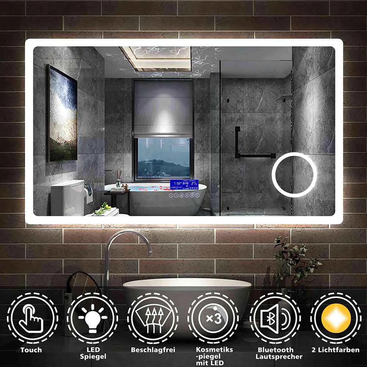 Oglindă baie LED 100x60 cm, Bluetooth, 3 oglinzi cosmetice, alb rece/cald, fără ceață [Tip J]
