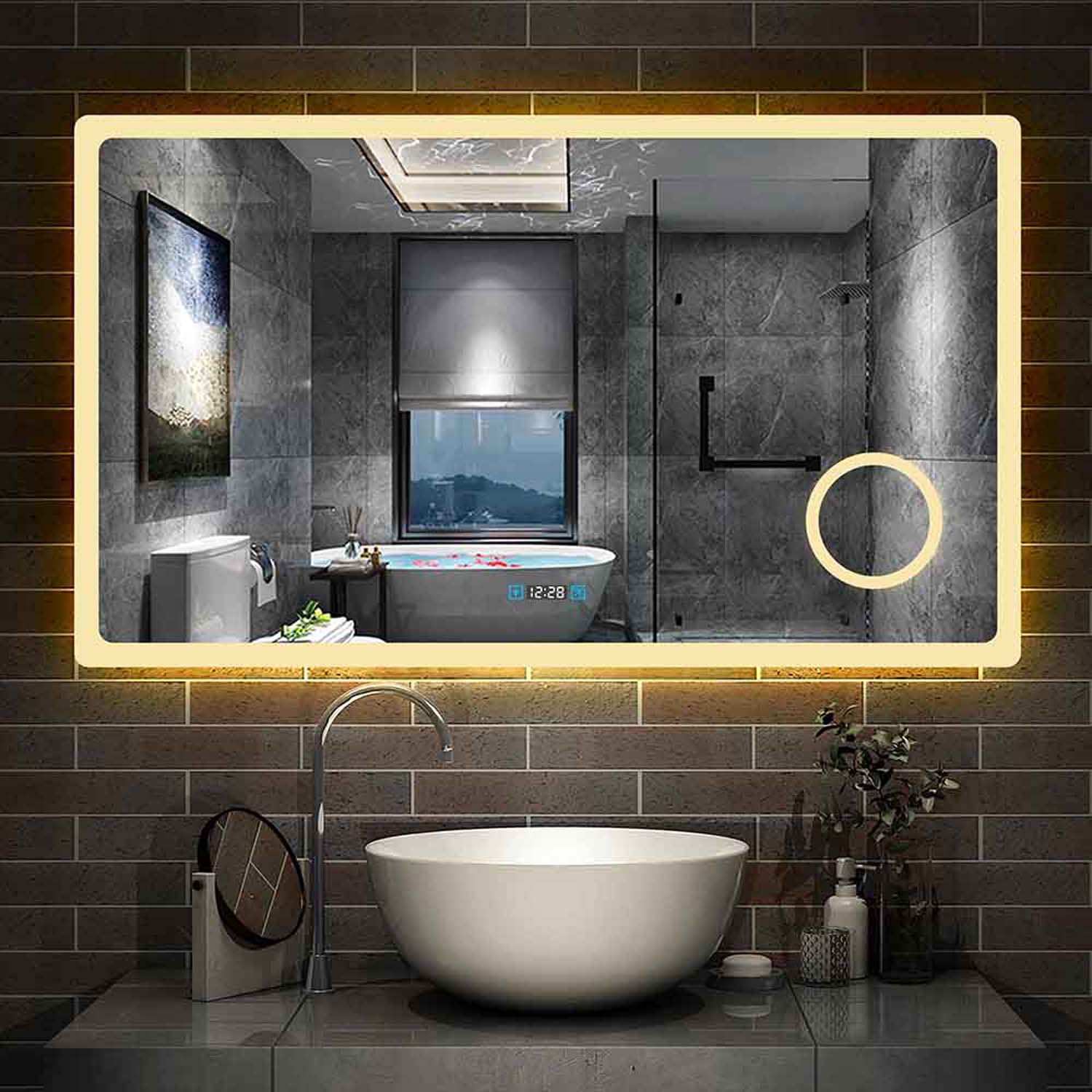 Oglindă baie LED 140x80 cm cu ceas, 3 culori luminoase reglabile, 3x oglindă machiaj fără aburire - Tip J