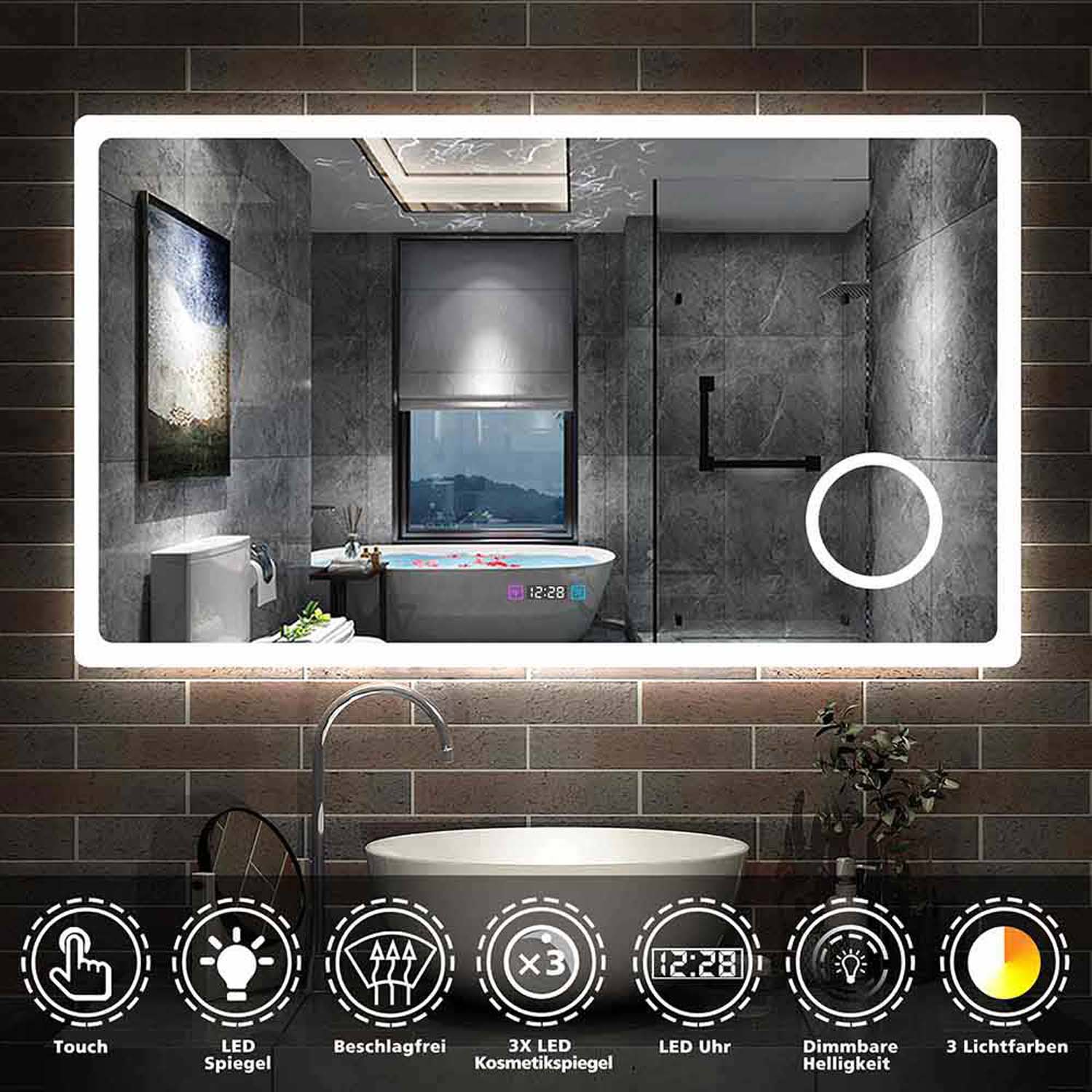 Oglindă baie LED 140x80 cm cu ceas, 3 culori luminoase reglabile, 3x oglindă machiaj fără aburire - Tip J