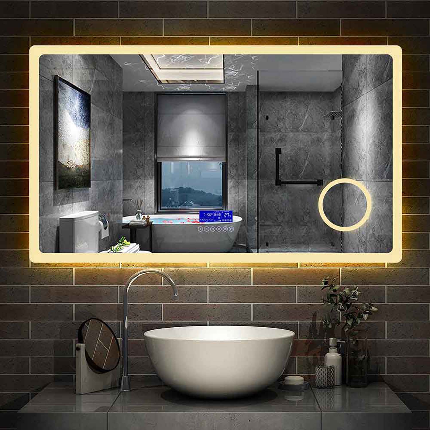 Oglindă de baie LED 140×80 cm, Bluetooth, 3 oglinzi cosmetice, alb rece/cald, anti-ceață [Tip J]