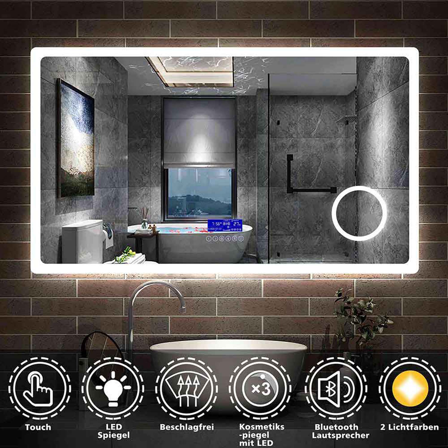Oglindă de baie LED 140×80 cm, Bluetooth, 3 oglinzi cosmetice, alb rece/cald, anti-ceață [Tip J]