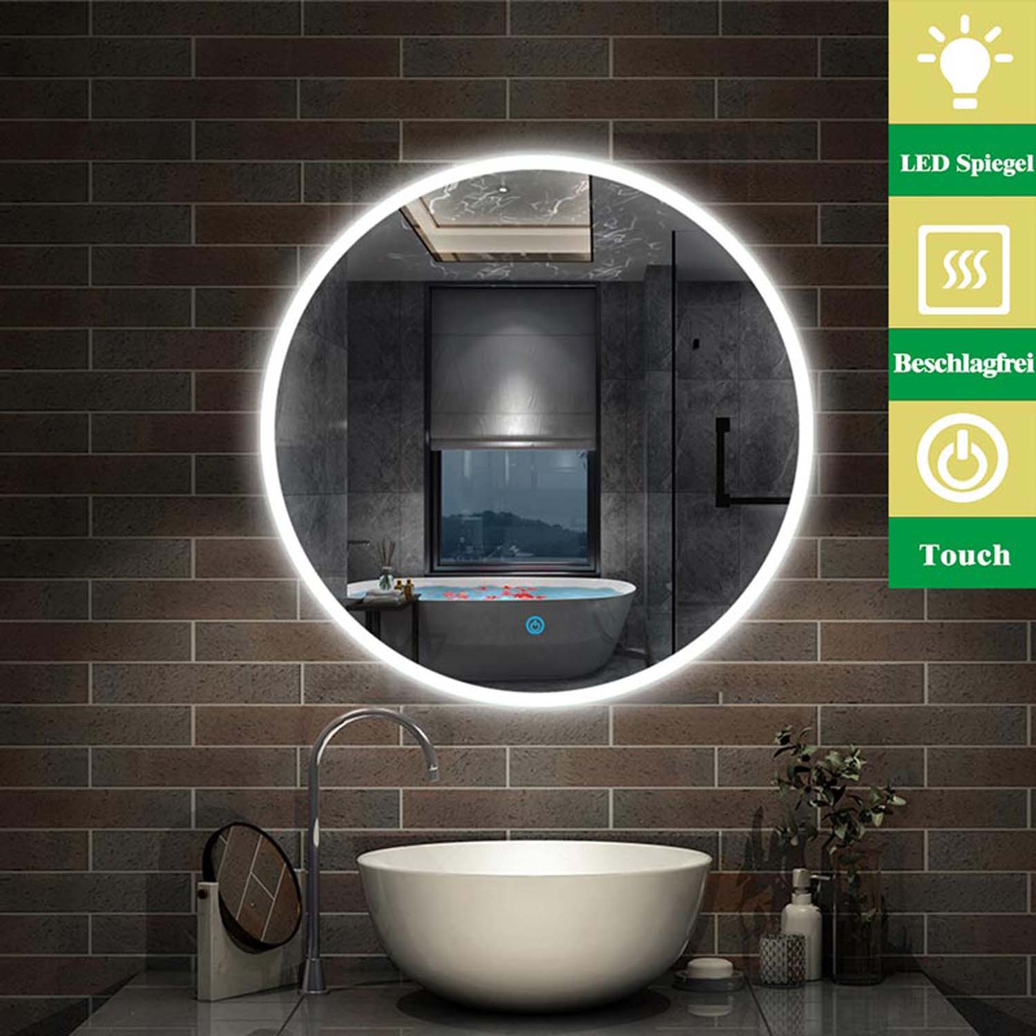 Oglindă de baie LED 70 cm rotundă 1xTouch alb rece fără ceață