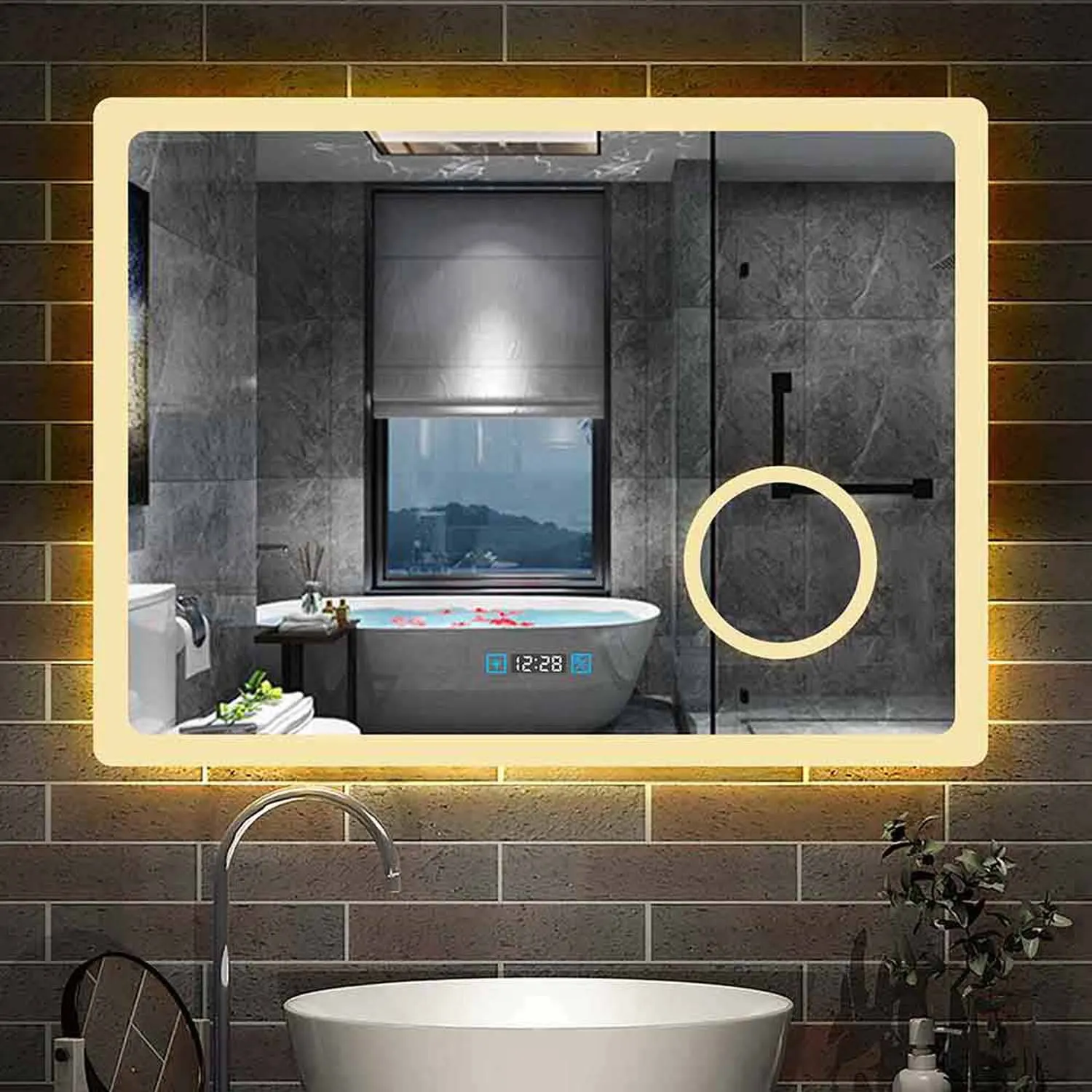 Oglindă de baie LED 80x60 cm, cu ceas, 3 culori reglabile, 3x oglindă machiaj fără aburire [Tip J]