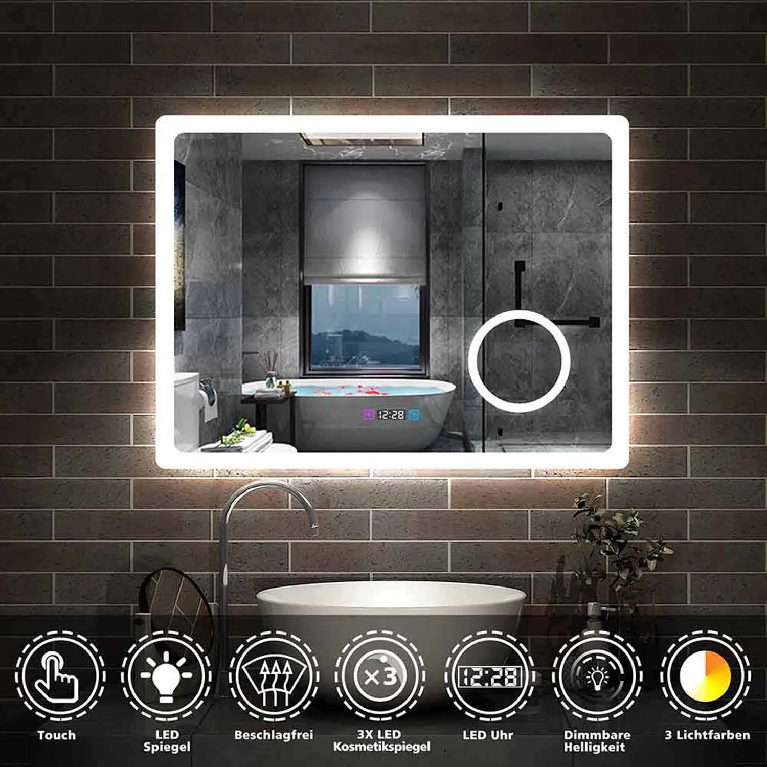 Oglindă de baie LED 80x60 cm, cu ceas, 3 culori reglabile, 3x oglindă machiaj fără aburire [Tip J]