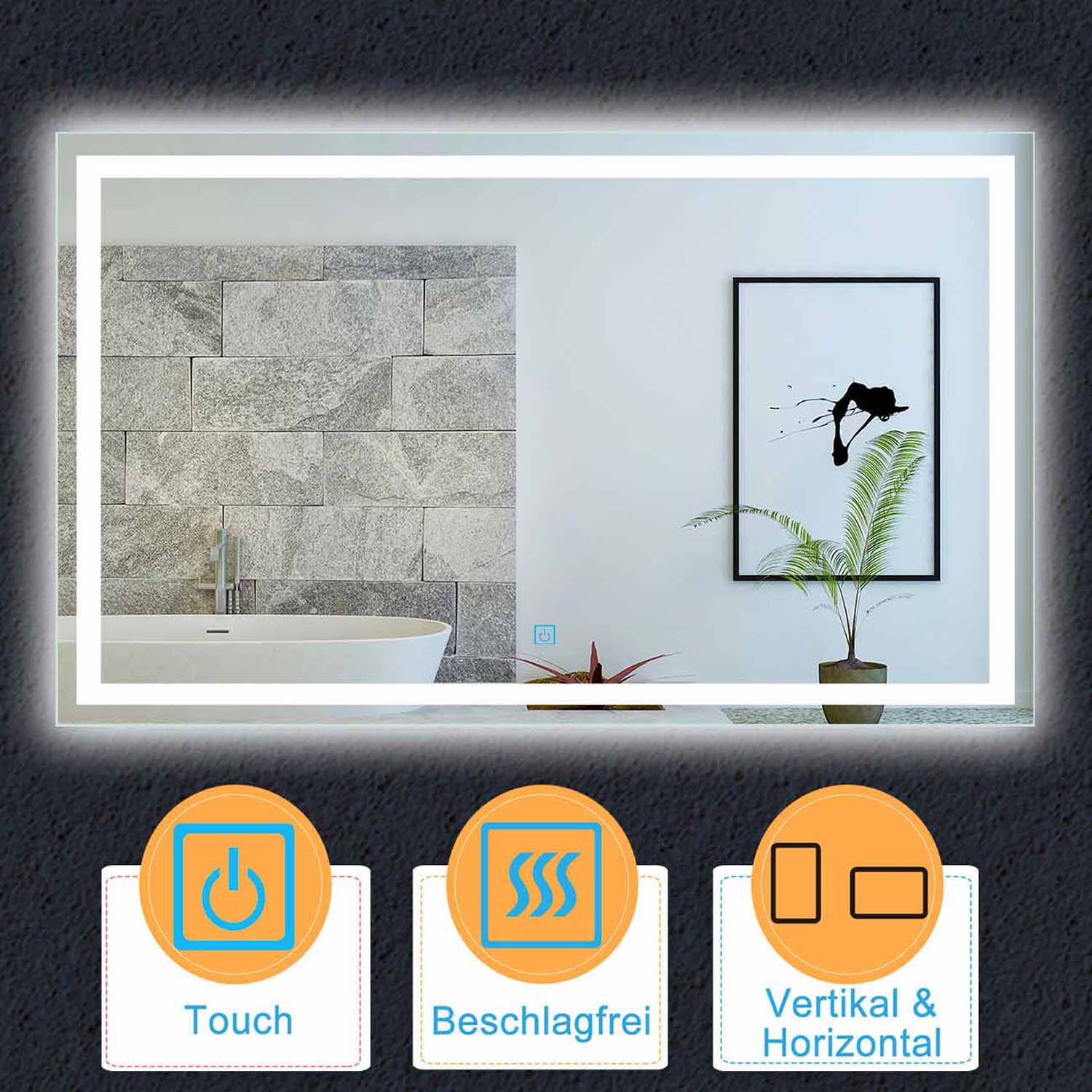 Oglindă de baie LED 90×60 cm 1xTouch alb rece fără ceață