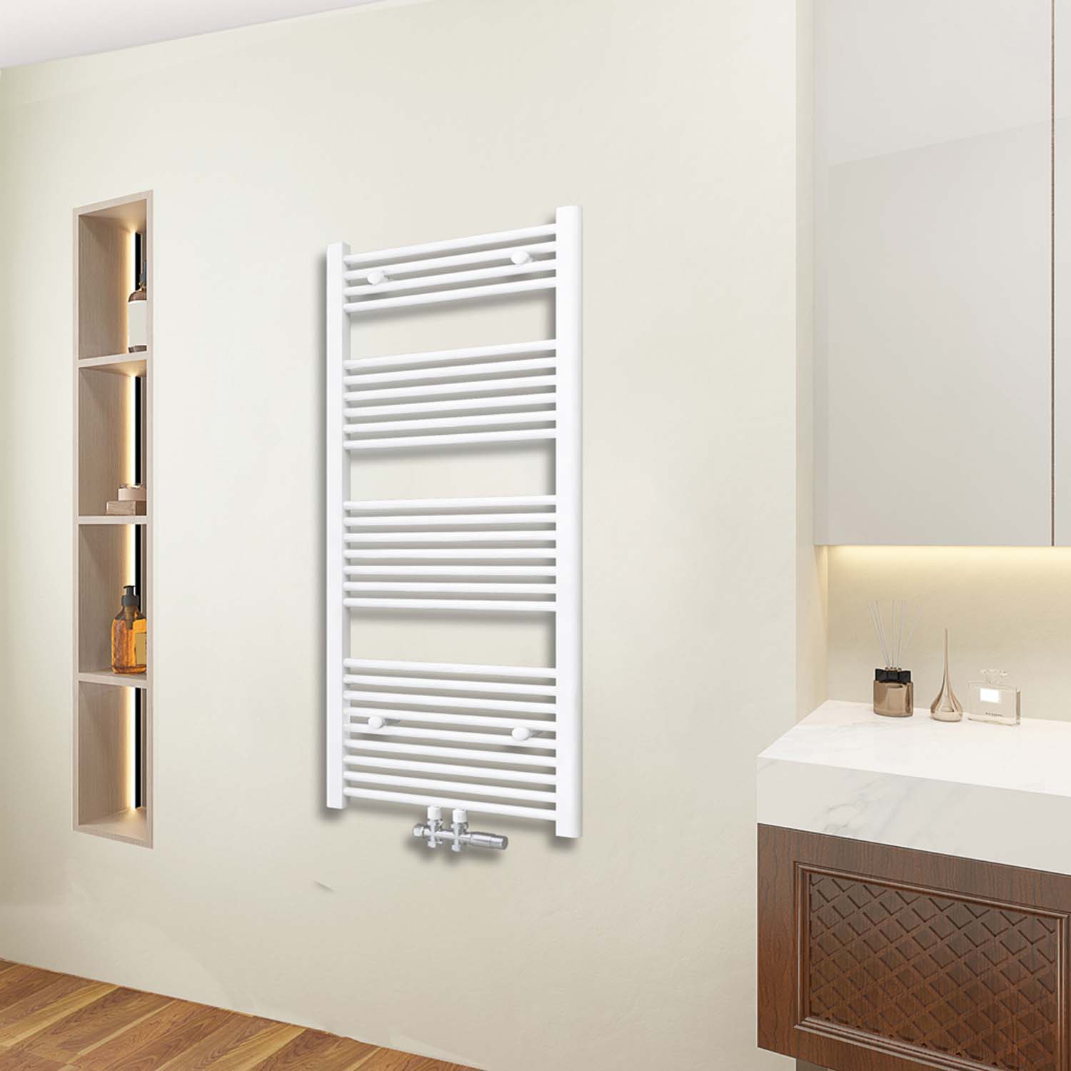 Radiator baie alb 1400x500 mm cu racord central pentru incalzire prosoape