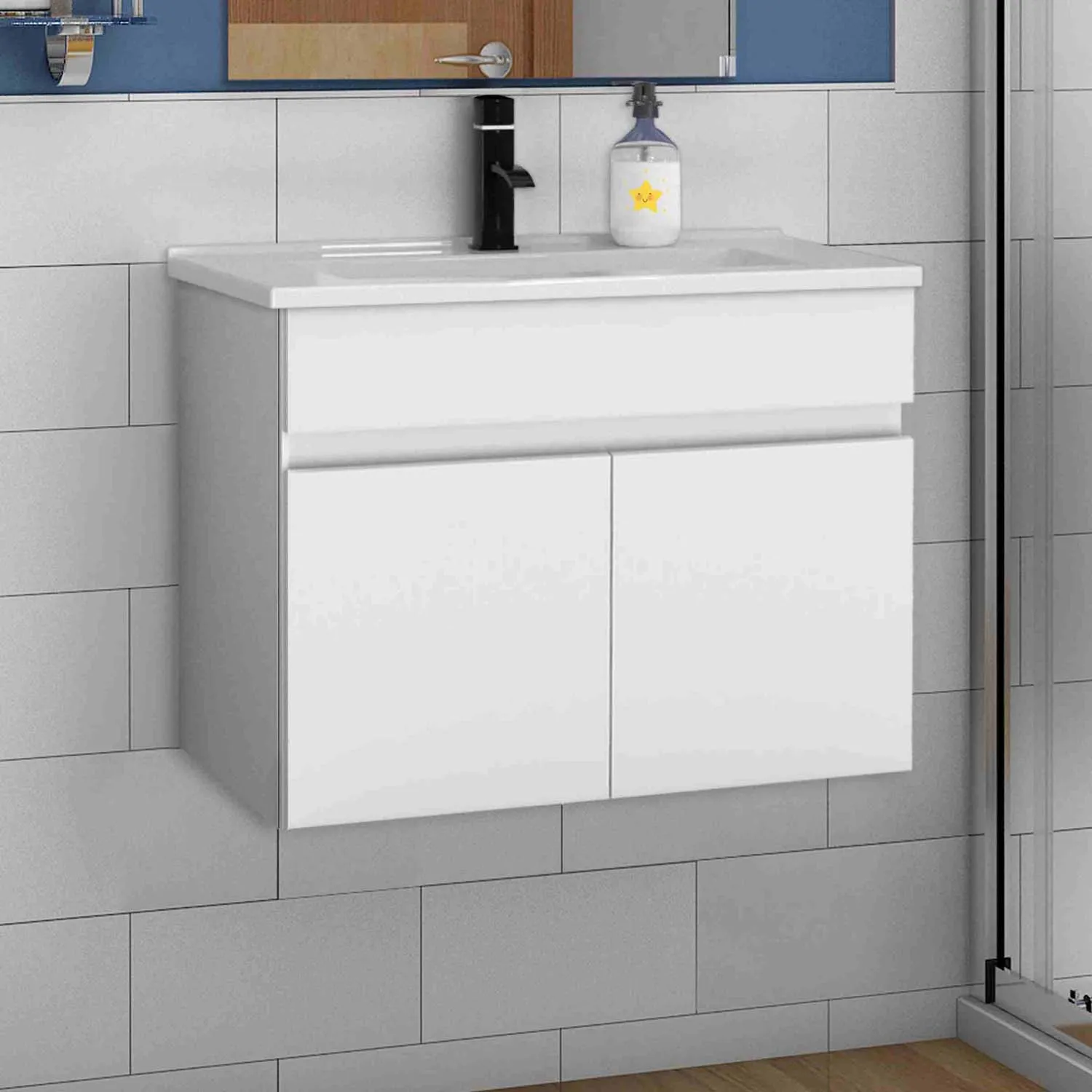 Set mobilier baie cu chiuvetă 60 cm, dulap de bază și dulap de perete, alb