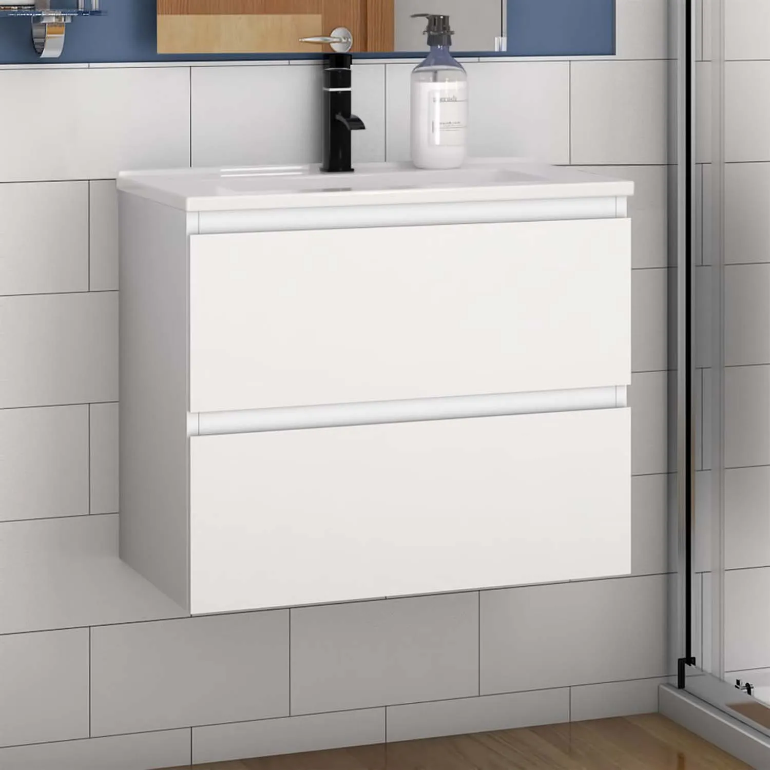 Set mobilier baie cu chiuvetă de 60 cm, dulap de bază și dulap de perete, alb