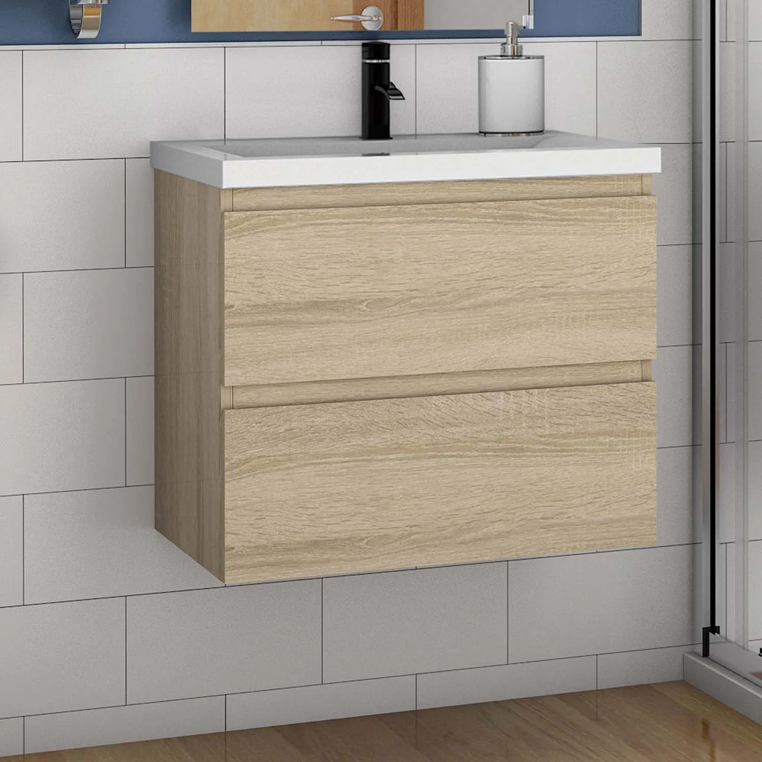 Set mobilier baie lavoar 50 cm bază de perete, stejar natural