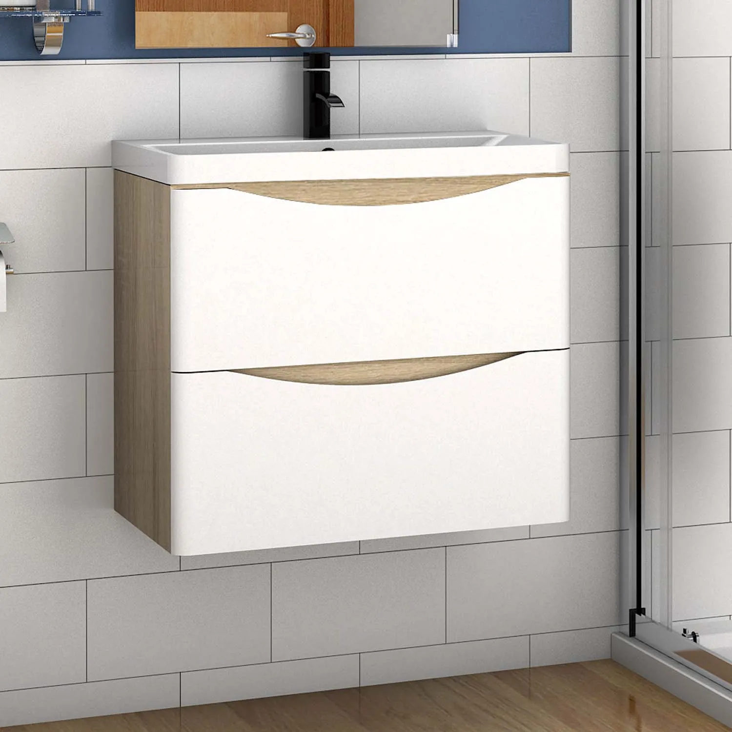 Set mobilier baie lavoar 50 cm, dulap de bază și dulap de perete, stejar natural cu alb