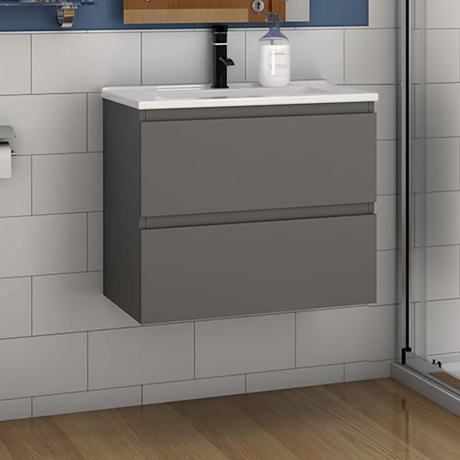 Set mobilier baie lavoar 60 cm bază de perete antracit