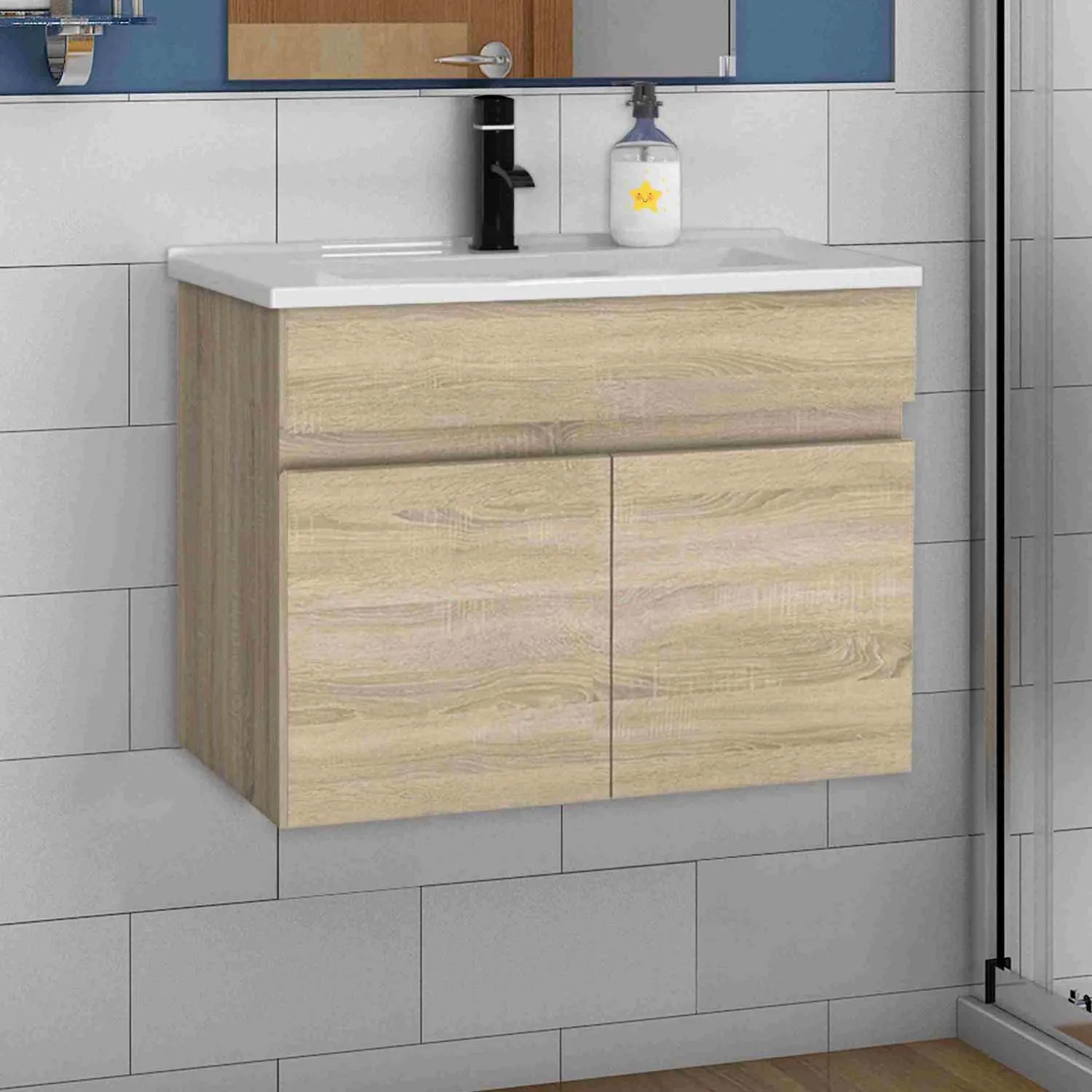 Set mobilier baie lavoar 60 cm cu dulap de perete, stejar