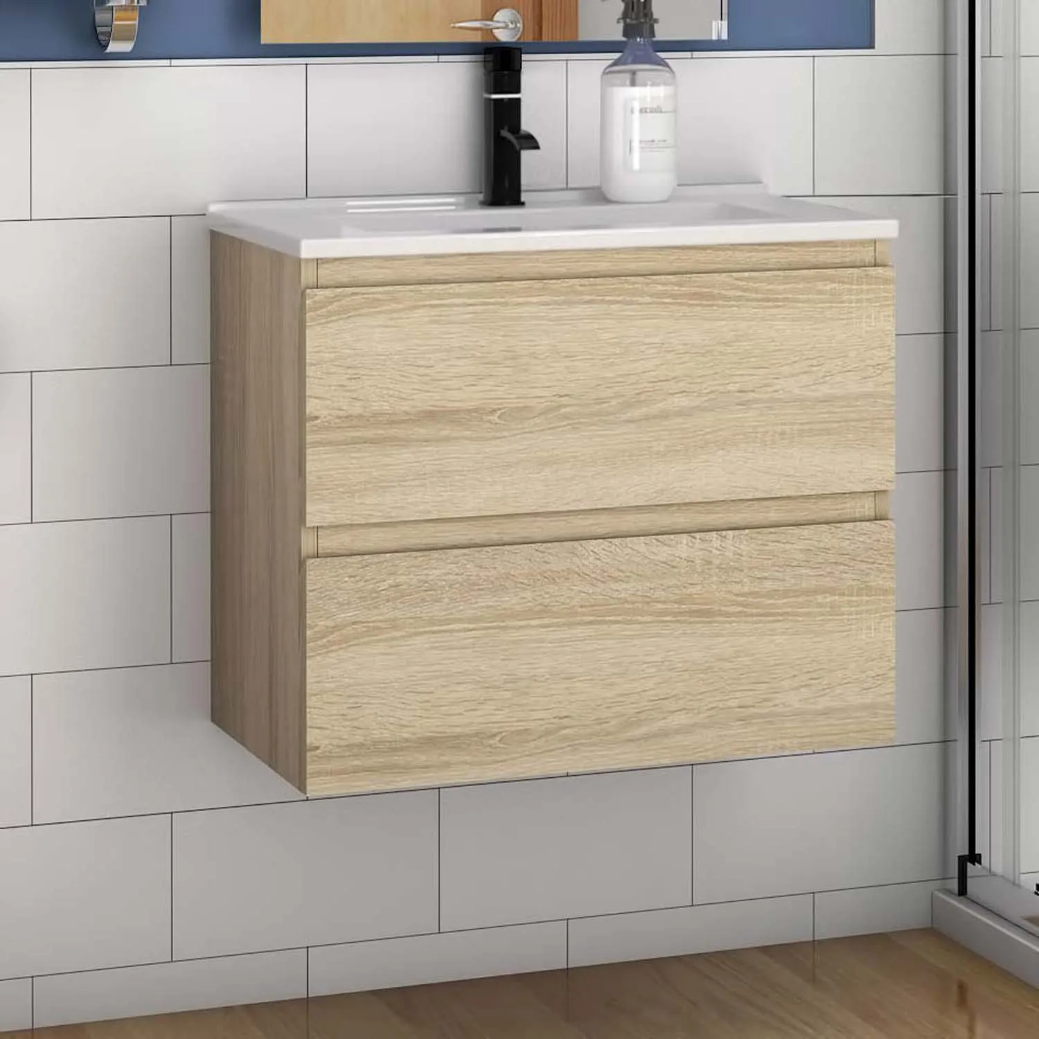 Set mobilier baie lavoar 60 cm, dulap de bază și dulap de perete, stejar natural