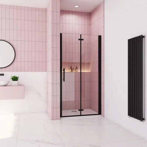 Ușă batantă cabină de duș 76cm x 195cm, pliantă, neagră, 6mm, sticlă transparentă NANO