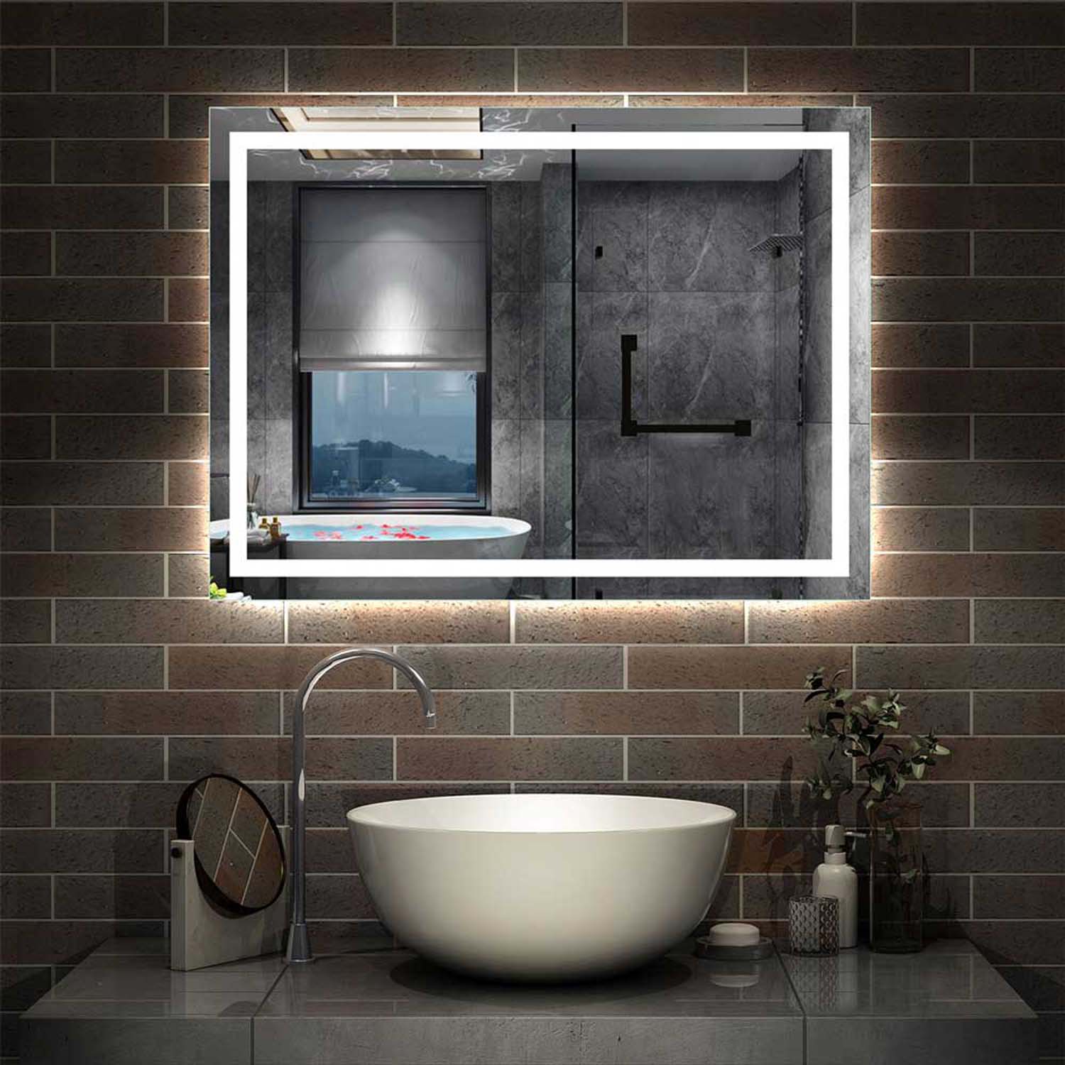 Întrerupător de perete LED pentru oglindă de baie 70×50 cm, anti-aburire, alb rece, Tip F