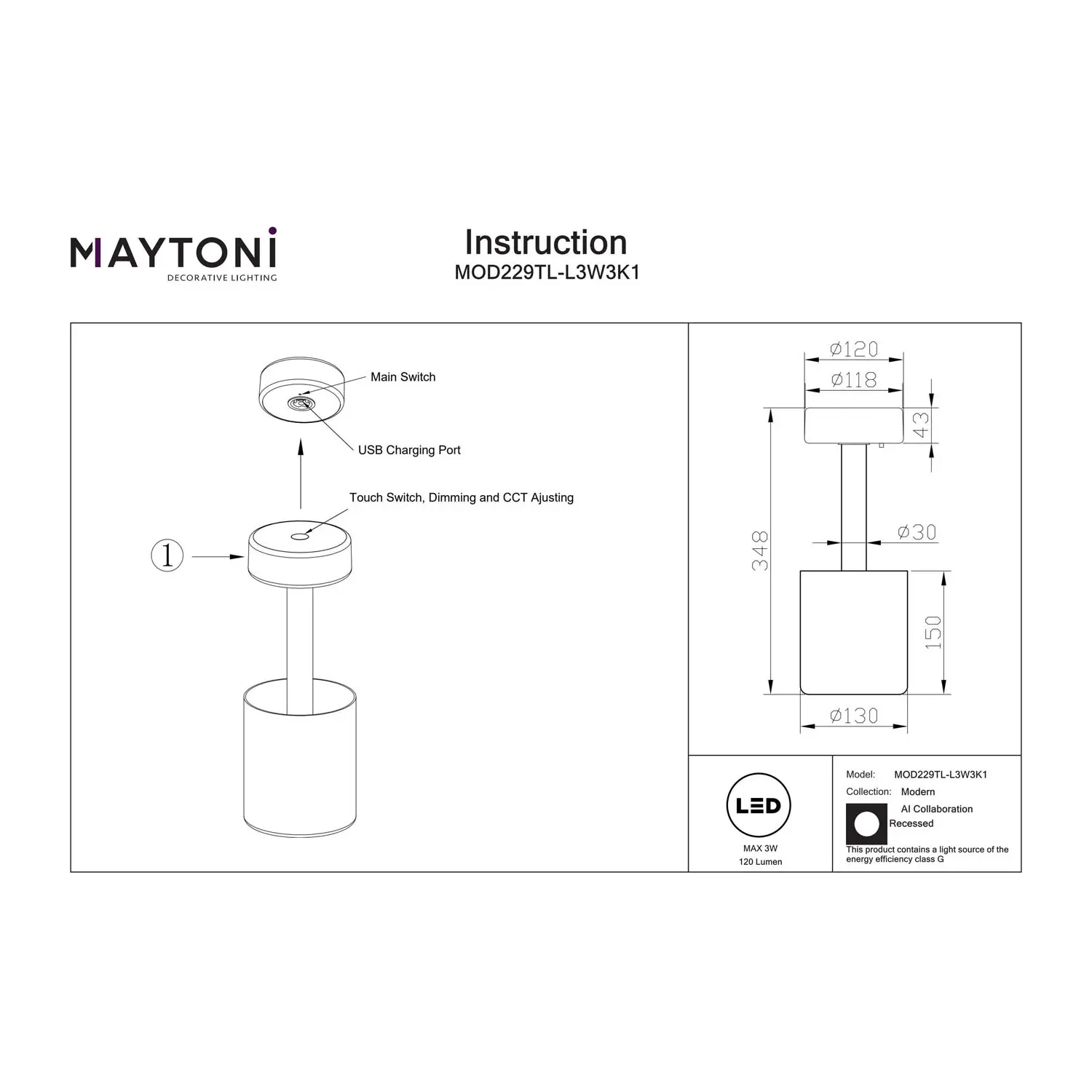 Lampă de masă Maytoni, Sticlă, Transparent, Led - MOD229TL-L3W3K1